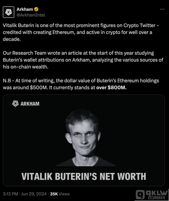 阿卡姆情报公司透露：Vitalik Buterin持有超过8亿美元的以太坊